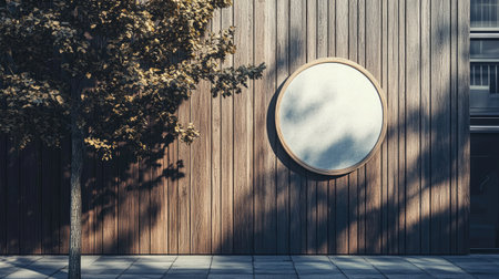 Wooden wall with a circular mockup signboard in a street setting, ideal for visualizing storefront brandingの素材