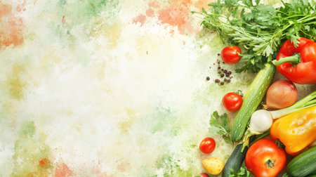 A creative food layout with various vegetables on a watercolor background, highlighting the freshness and colorfulness of healthyの素材