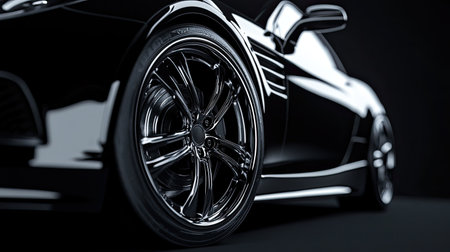 A close-up view of a sleek, polished alloy wheel on a modern sports car, showcasing its intricate design and metallic shineの素材