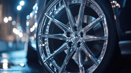 A high-definition shot of a shiny alloy wheel on a luxury vehicle, highlighting the detailed craftsmanshipの素材