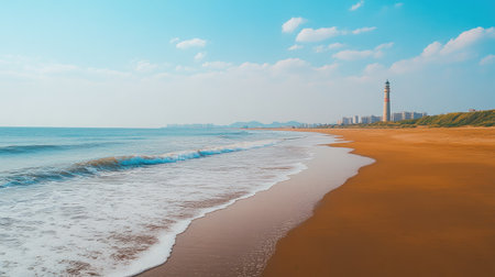 A desolate, empty Chinese beach, with no tourists, just the waves and a distant lighthouse.の素材