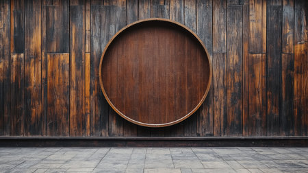 Wooden wall with a circular mockup signboard in a street setting, ideal for visualizing storefront brandingの素材