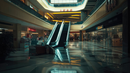 A desolate Chinese shopping mall, with escalators and shops, but no customers or staff visible.の素材