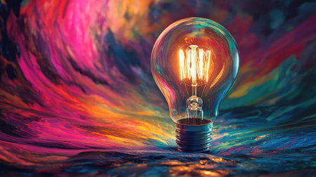 A light bulb illuminated in the center of a vibrant, colorful artistic scene, symbolizing ideas and innovationの素材