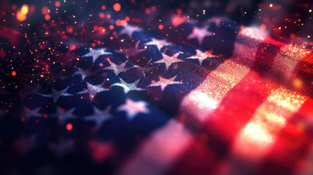 A Memorial Day tribute featuring a digital American flag with dynamic light particles, creating a sense of motionの素材