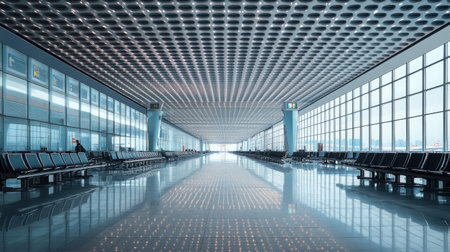 A quiet, empty Chinese airport terminal, with no passengers or staff, just the modern architecture and empty seatsの素材