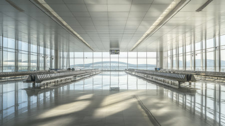 A quiet, empty Chinese airport terminal, with no passengers or staff, just the modern architecture and empty seatsの素材