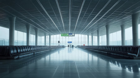 A quiet, empty Chinese airport terminal, with no passengers or staff, just the modern architecture and empty seatsの素材
