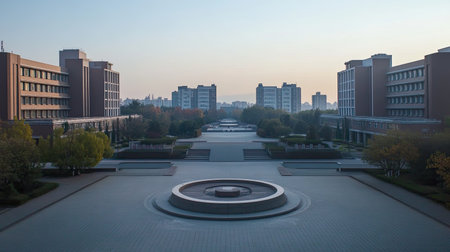 A wide-angle shot of a silent, empty Chinese university campus, with modern buildings and no studentsの素材