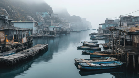 An abandoned Chinese fishing village, with no boats or fishermen, just the quiet sea and empty docks.の素材