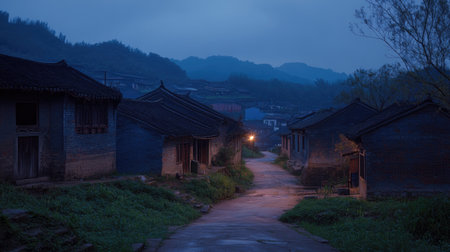 A quiet, empty Chinese village at dusk, with no signs of life, just the traditional houses and dimming lightの素材