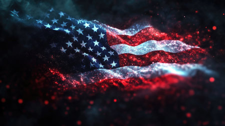 An animated American flag made up of vibrant light particles, symbolizing unity and remembrance on Memorial Dayの素材