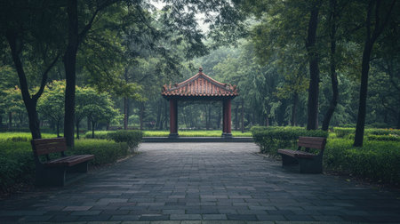 An empty Chinese park, with a pavilion and walking paths, but no people enjoying the space.の素材