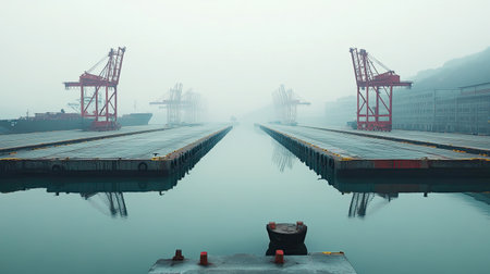 An empty harbor in a Chinese port city, with no ships or workers, just the silent docks and still waterの素材