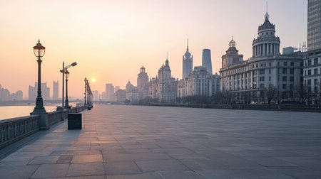 A wide shot of the empty Bund in Shanghai, China, with the iconic skyline and historic buildings standing silently by the riverの素材