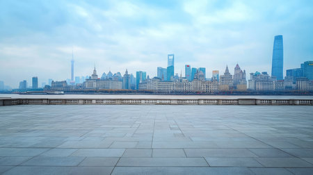 A wide shot of the empty Bund in Shanghai, China, with the iconic skyline and historic buildings standing silently by the riverの素材