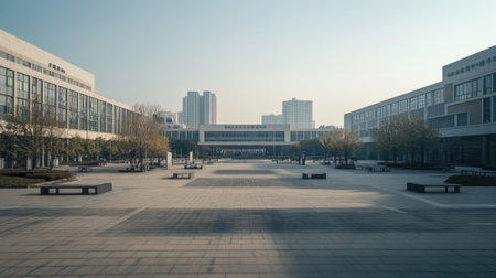 A wide-angle shot of a silent, empty Chinese university campus, with modern buildings and no studentsの素材
