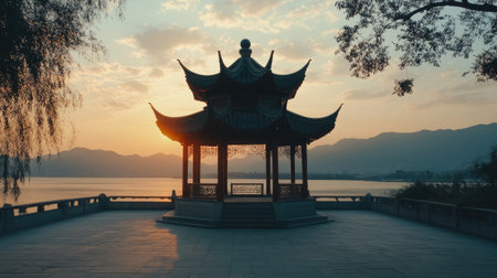 A quiet, empty Chinese pagoda at sunset, with no tourists or visitors, just the serene settingの素材