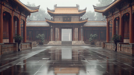 An empty courtyard of a Chinese temple, with intricate carvings and no people, under a calm, overcast skyの素材