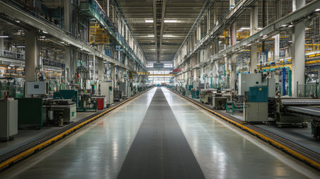 A vast, empty Chinese factory floor, with machinery and conveyor belts but no workers.の素材