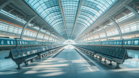 An empty high-speed train station in China, with rows of clean, empty seats and modern architecture.の素材
