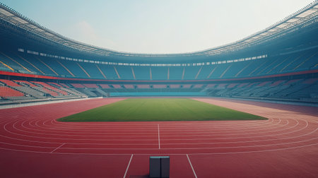 An empty Chinese sports stadium, with no fans or players, just the vast, empty seats and field.の素材