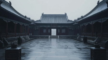 An empty courtyard of a Chinese temple, with intricate carvings and no people, under a calm, overcast skyの素材