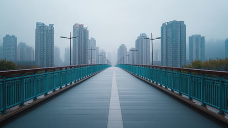 An empty pedestrian bridge in a Chinese city, with no one crossing and the urban skyline in the background.の素材