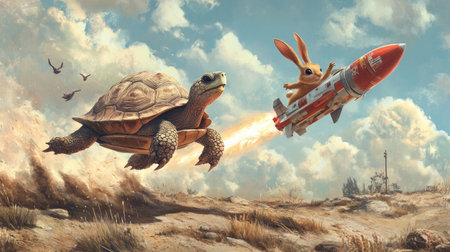 Whimsical race scene with a rocket-fueled turtle challenging a running rabbit, representing the idea that with the right helpの素材