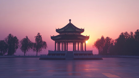 A quiet, empty Chinese pagoda at sunset, with no tourists or visitors, just the serene settingの素材