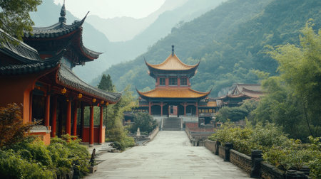A quiet, empty Chinese monastery in the mountains, with no monks or visitors, just the peaceful surroundings.の素材