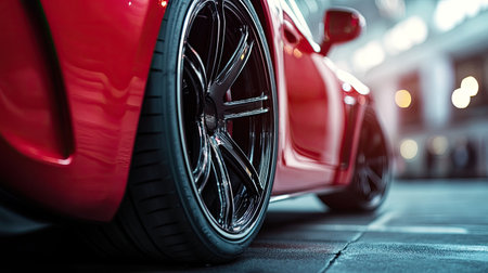 A side profile of a pristine alloy wheel with a glossy finish, mounted on a high-performance tire, with the focusの素材