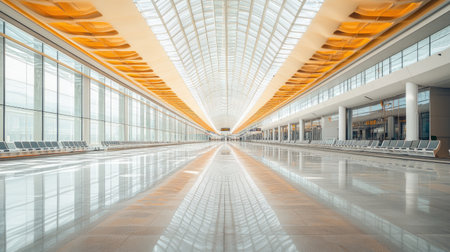 An empty high-speed train station in China, with rows of clean, empty seats and modern architecture.の素材