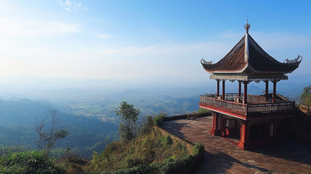 A view of an empty pagoda on the top of a mountain, with no visitors and a panoramic view of the surrounding countrysideの素材