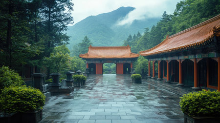 A quiet, empty Chinese monastery in the mountains, with no monks or visitors, just the peaceful surroundings.の素材