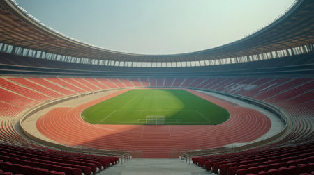 An empty Chinese sports stadium, with no fans or players, just the vast, empty seats and field.の素材