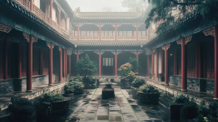 A quiet, empty courtyard in a Chinese palace, with no visitors, just the grandeur of the architectureの素材