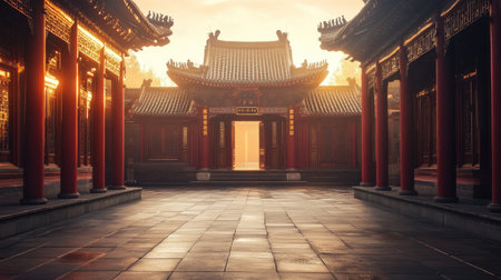 A quiet, empty Chinese temple at dawn, with no visitors, just the peaceful atmosphere and intricate architectureの素材