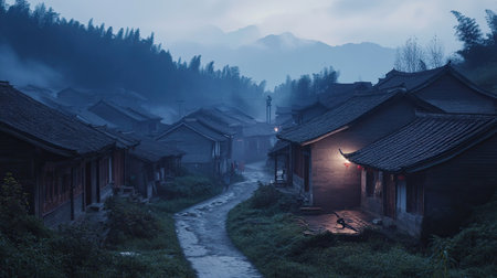 A quiet, empty Chinese village at dusk, with no signs of life, just the traditional houses and dimming lightの素材