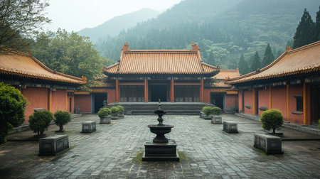 A quiet, empty Chinese monastery in the mountains, with no monks or visitors, just the peaceful surroundings.の素材