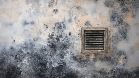 Detailed view of a weathered wall featuring textured patterns and a vent, illustrating rustic charm and the passage of time in an industrial setting.の素材