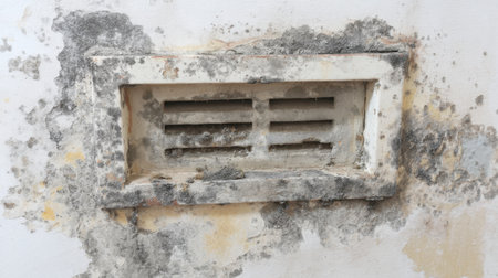 A worn wall vent shows significant mold growth and peeling paint, revealing issues of neglect and aging within an indoor environment. A detailed close-up.の素材