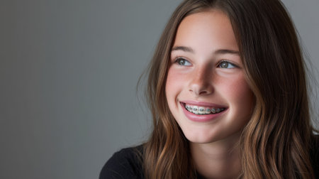 A cheerful teenage girl with braces smiles brightly, exuding confidence and joy in a relaxed setting. Her natural beauty shines against a soft gray backdrop, capturing youthful spirit.の素材