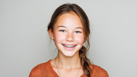 This portrait features a cheerful teenage girl with braces, capturing her joyful spirit and personality. The light background enhances her warm smile and charming presence.の素材