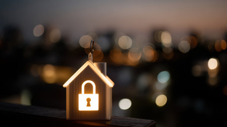 A charming illuminated house model featuring a padlock, representing home security amidst a beautiful bokeh backdrop of city lights during dusk.の素材