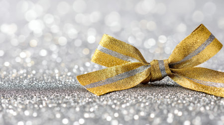 A stunning golden bow sits gracefully on a sparkling silver background, ideal for accentuating gifts or festive decorations during memorable celebrations and special occasions.の素材