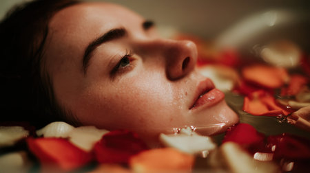 A tranquil scene featuring a woman submerged in water with rose petals, embodying relaxation and self-care in a stylish bath setting, illuminated by soft light.の素材