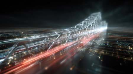 A stunning futuristic bridge illuminated by vibrant light trails captures the essence of modern urban architecture against a dramatic night backdrop.の素材