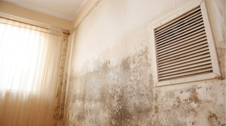 A close-up view of a wall with mold growth and damp effects showcases the importance of maintaining indoor air quality and home hygiene.の素材