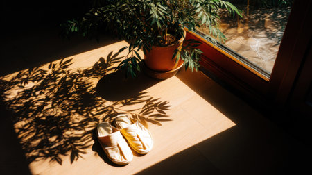 A serene indoor image capturing casual slippers on a warm wooden floor, paired with a thriving plant by the window, casting gentle shadows in bright natural light.の素材